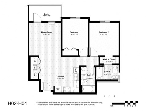 Floor plan for 2 beds, 2 baths, 932 sqft